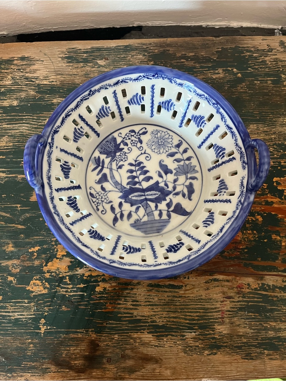 Vintage Blue and White Floral Ceramic Pierced Serving Bowl with Handles